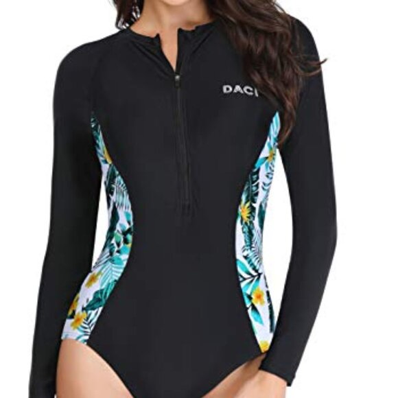 Daci Black Floral Long Sleeve One Piece Swimsuit Sun Protection activewear XL - Picture 1 of 4